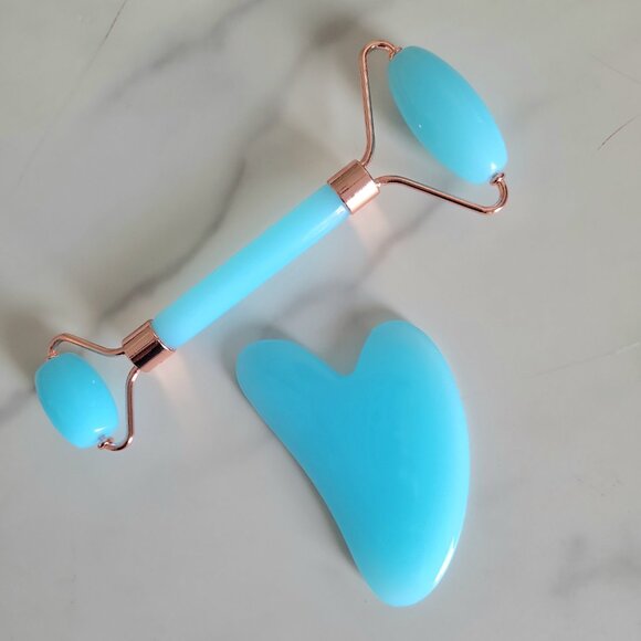 Facial Roller & Gua Sha Set Skin Massager Tools for Face & Neck Teal Blue - Picture 1 of 4